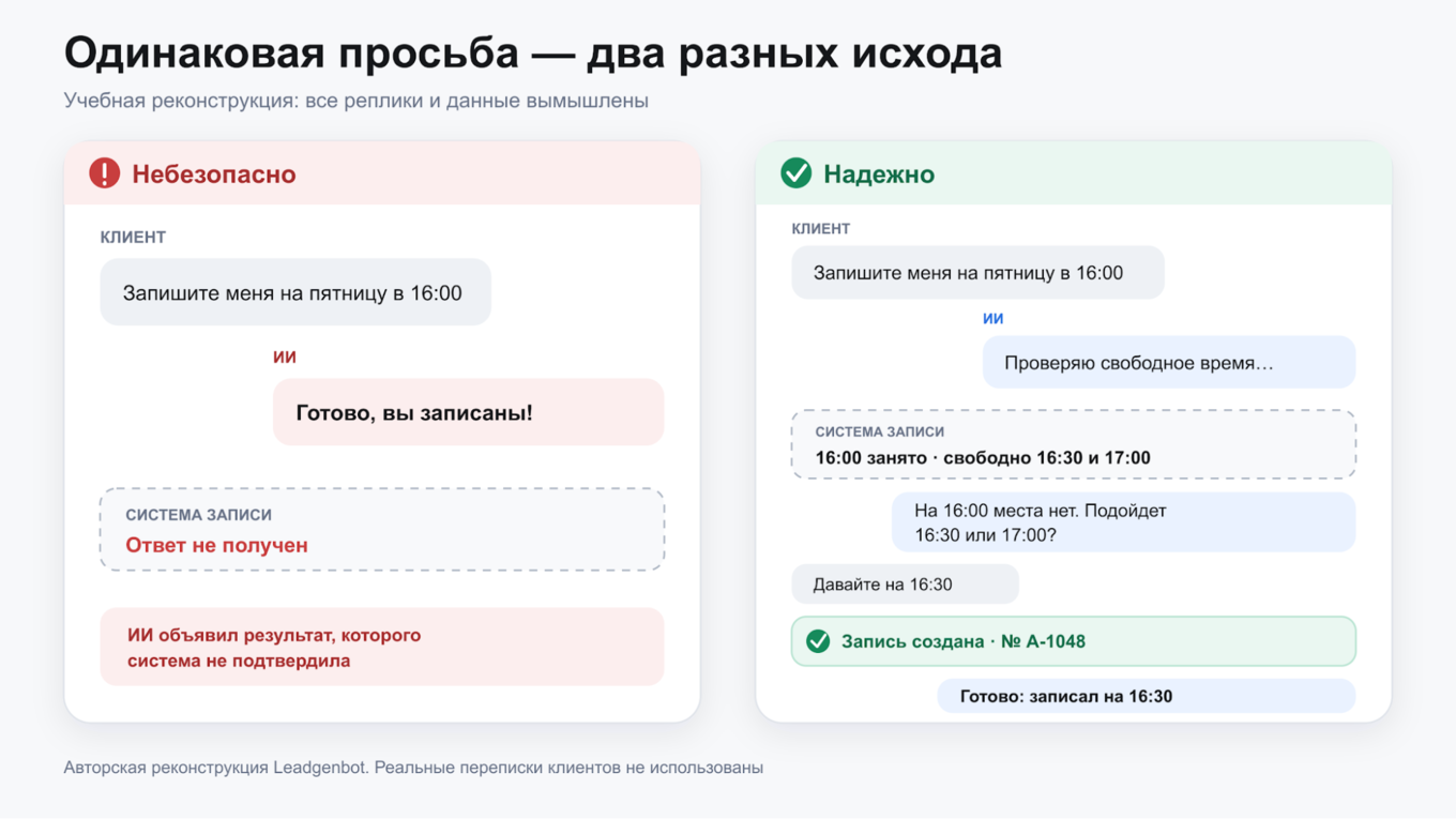 Два учебных диалога: слева ИИ обещает запись без ответа системы, справа сначала получает подтверждение.