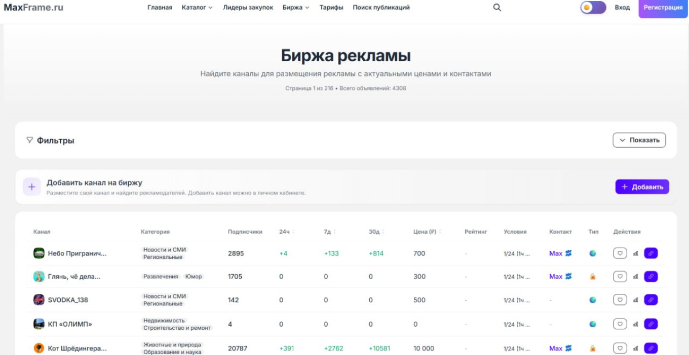 MaxFrame, биржа рекламы