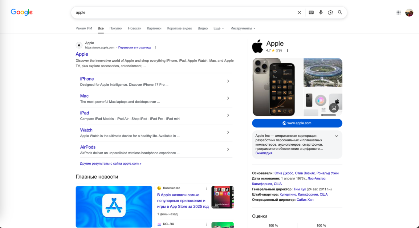 Выдача Google с доминированием бренда Apple