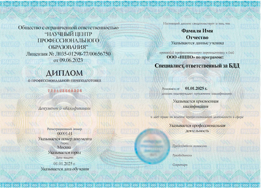 Диплом о профессиональной переподготовке специалиста БДД