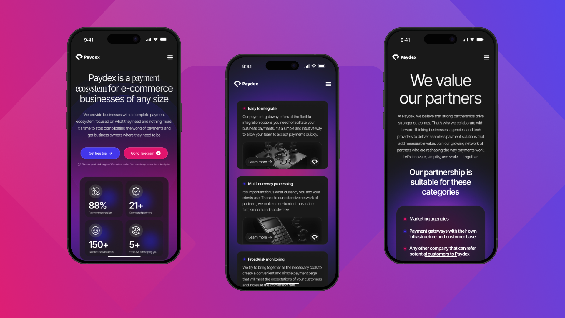 Три смартфона с интерфейсом Paydex показывают удобство платежного сервиса и партнерских решений