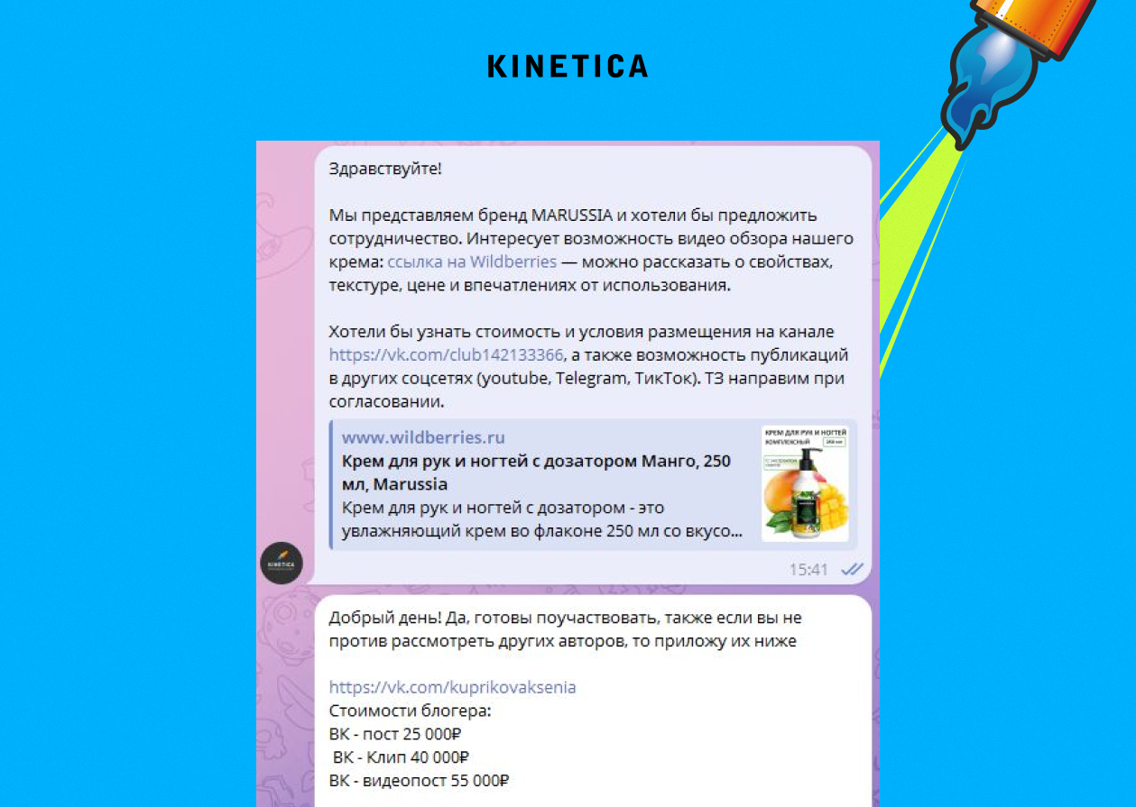 Скриншот переписки в Telegram с блогером