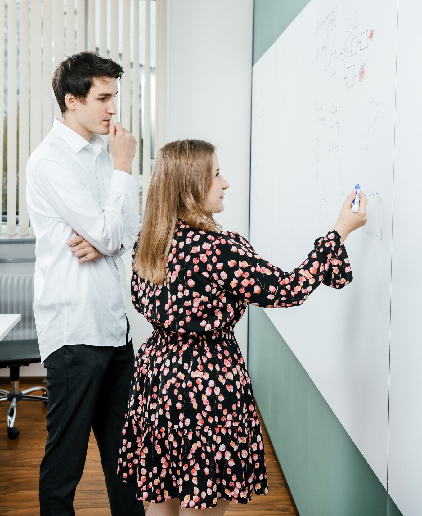 Сотрудники обсуждают стратегию и рисуют схему на маркерной доске