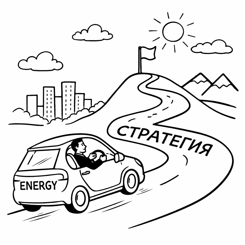 Иллюстрация автомобиля, символизирующего бизнес, где водитель — сотрудник, а топливо — самозабота и психологический бензин; метафора влияния заботы о себе на движение к цели и эффективность