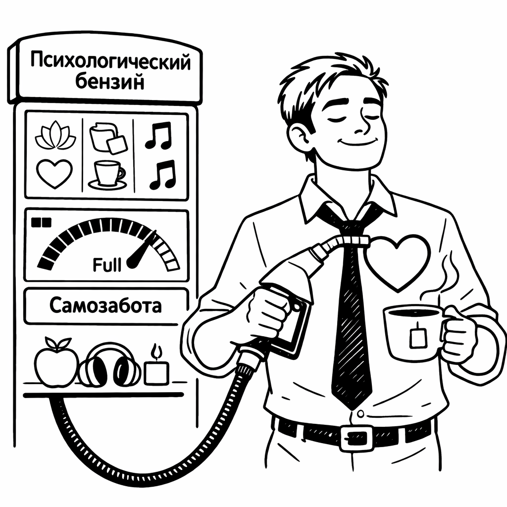 Сотрудник символически пополняет себя психологическим бензином, символизируя самозаботу и пополнение внутреннего ресурса