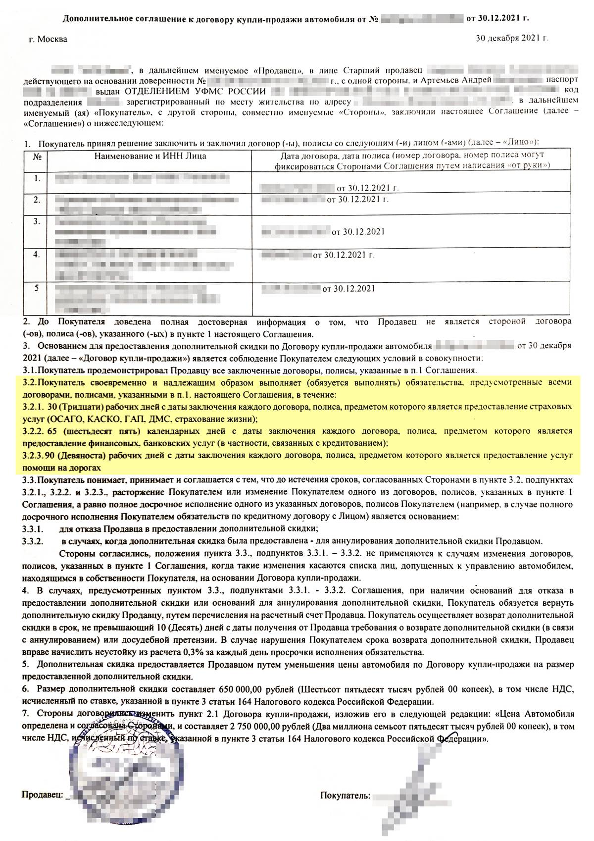 В допсоглашении указаны все страховки и период, который я обязан ими пользоваться