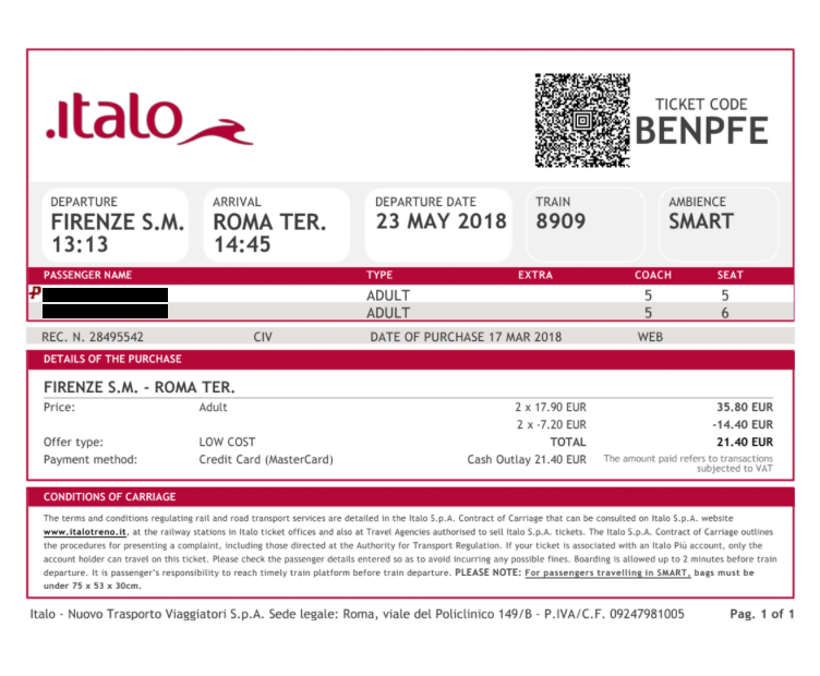 Два билета Милан — Венеция стоили 22,2 € (1670 <span class=ruble>Р</span>). Электронный билет не нужно распечатывать — достаточно показать его контролеру на смартфоне