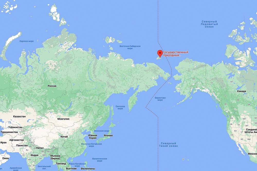 Заповедник «Остров Врангеля» расположен посреди моря. Источник:&nbsp;google.com/maps