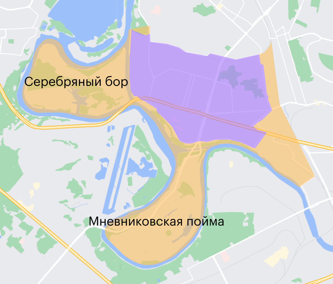 Серебряный бор — это большой аппендикс на западе района, а Мневниковская пойма — на юге. Сейчас вся «цивилизация» внутри сиреневых границ