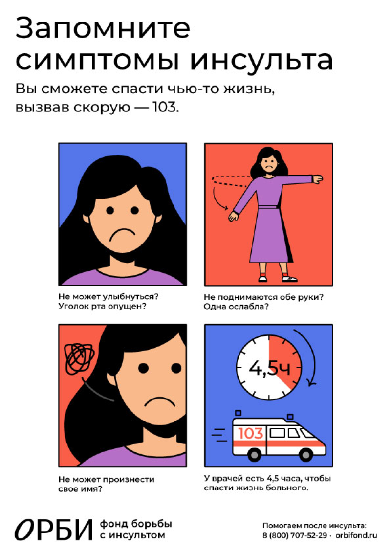 Среди самых частых симптомов инсульта: невозможность улыбнуться всем ртом, поднять одну руку и произнести свое имя. Мы разработали этот плакат, чтобы люди знали о признаках болезни и могли как можно скорее вызвать скорую помощь