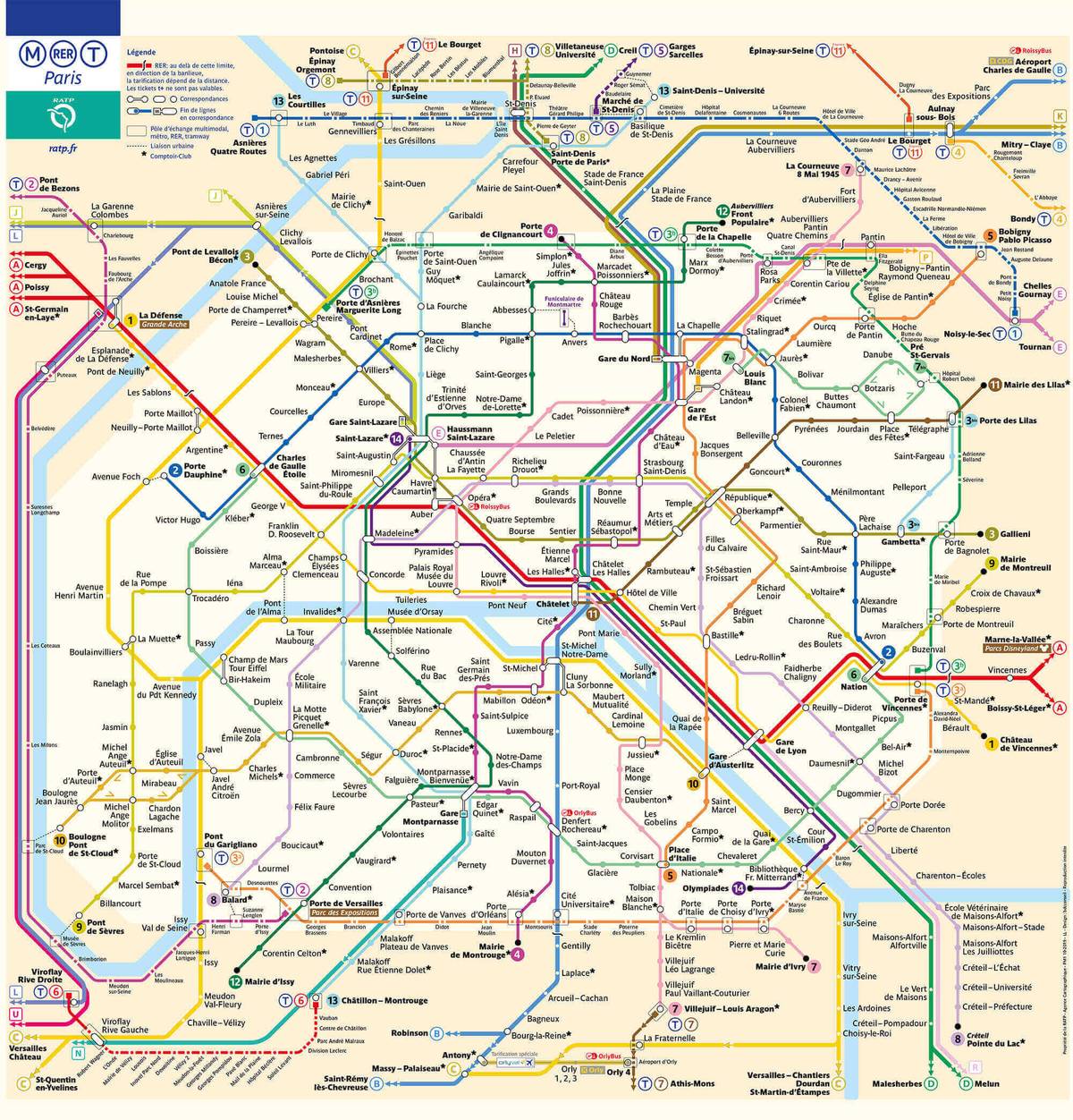 Карта маршрутов парижского общественного транспорта. Светлый овал — это первые две транспортные зоны. То, что в более темной зоне, — это уже пригороды, там проезд будет стоить дороже