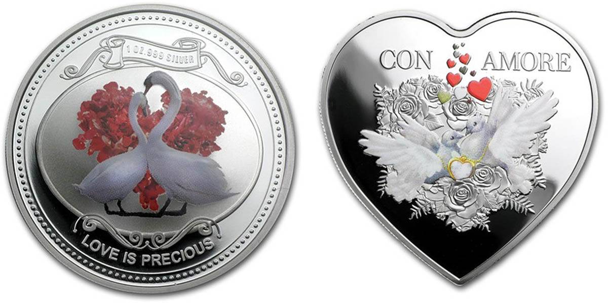 «Свадебная монета с лебедями» — 2 доллара Ниуэ. Красивая монета в виде сердца — 1 доллар Токелау. Часто у таких «монет» даже нет номинала, а тиражи очень большие. Такие изделия часто называют «монетовидными жетонами»