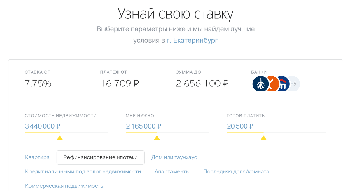 Чтобы узнать примерную ставку рефинансирования, надо указать стоимость недвижимости, необходимую сумму кредита и удобный ежемесячный платеж