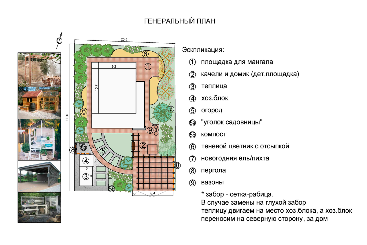 На участке площадью шесть соток объединили парковку с детской площадкой, теплицу с хозблоком, а площадку для мангала совместили с отмосткой