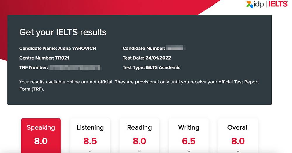 В личном кабинете на сайте ielts.org отображаются дата экзамена, номер центра и мои баллы