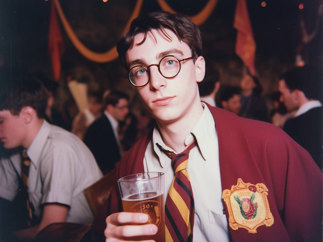 July 1998, Harry Potter in Gryffindor School uniform drinking beer at a rave at Hogwarts, full body portrait, shot on Instax, --ar 4:3 --seed 2880359940