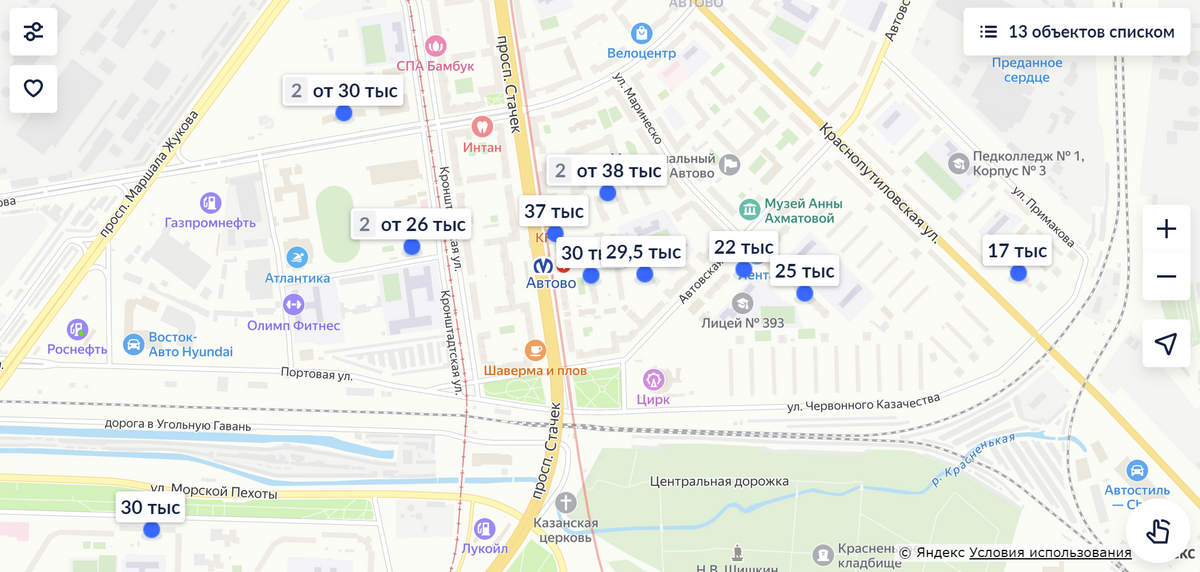 Вот как выглядит карта аренды жилья в районе метро «Автово» в 2023&nbsp;году. От силы наберется 15—20 объявлений. Источник: spb.cian.ru
