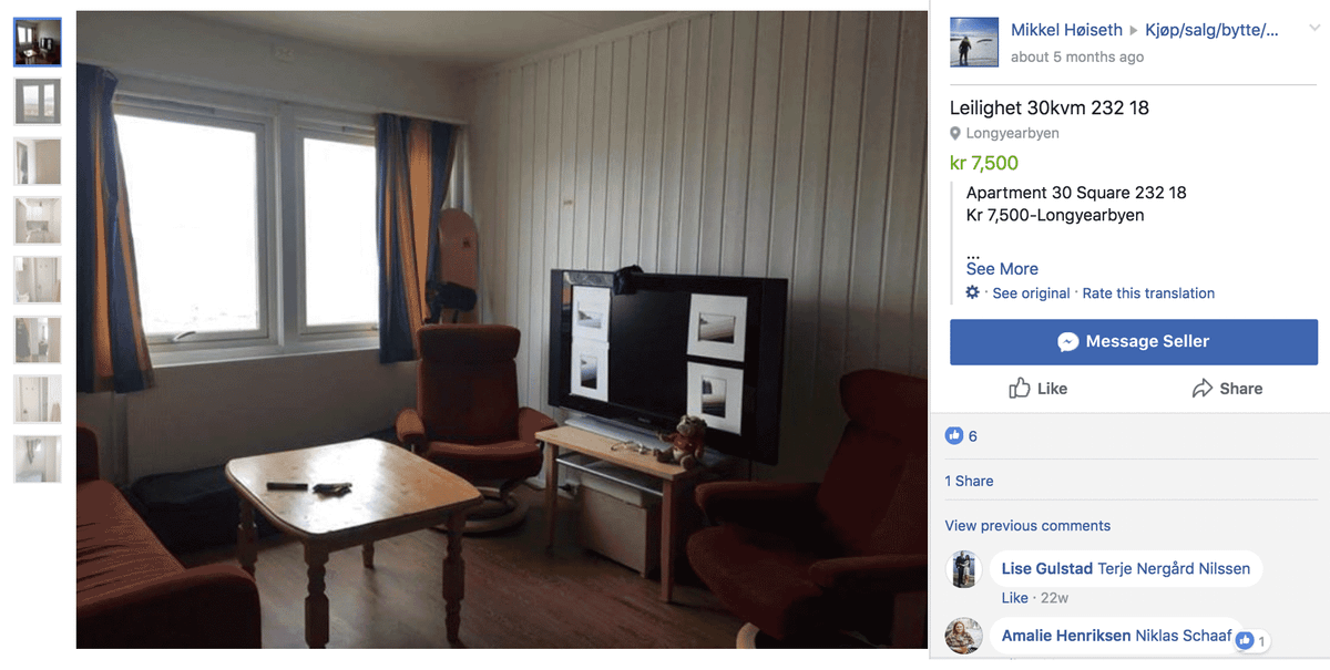 Вот такую небольшую квартиру сдают в Фейсбуке за 7500 крон в месяц