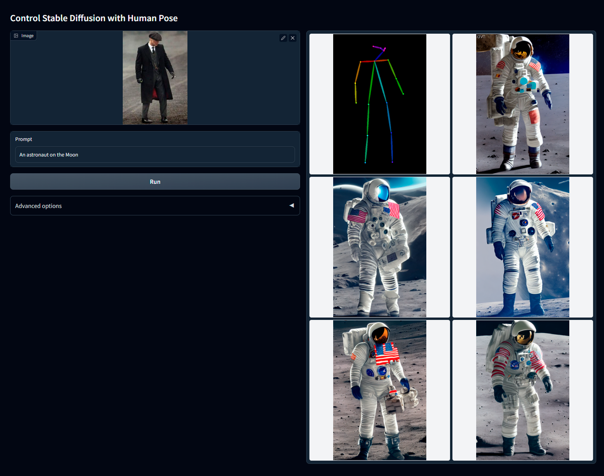 Примеры генерации OpenPose. Астронавт повторяет позу с исходной картинки. Источник: github.com