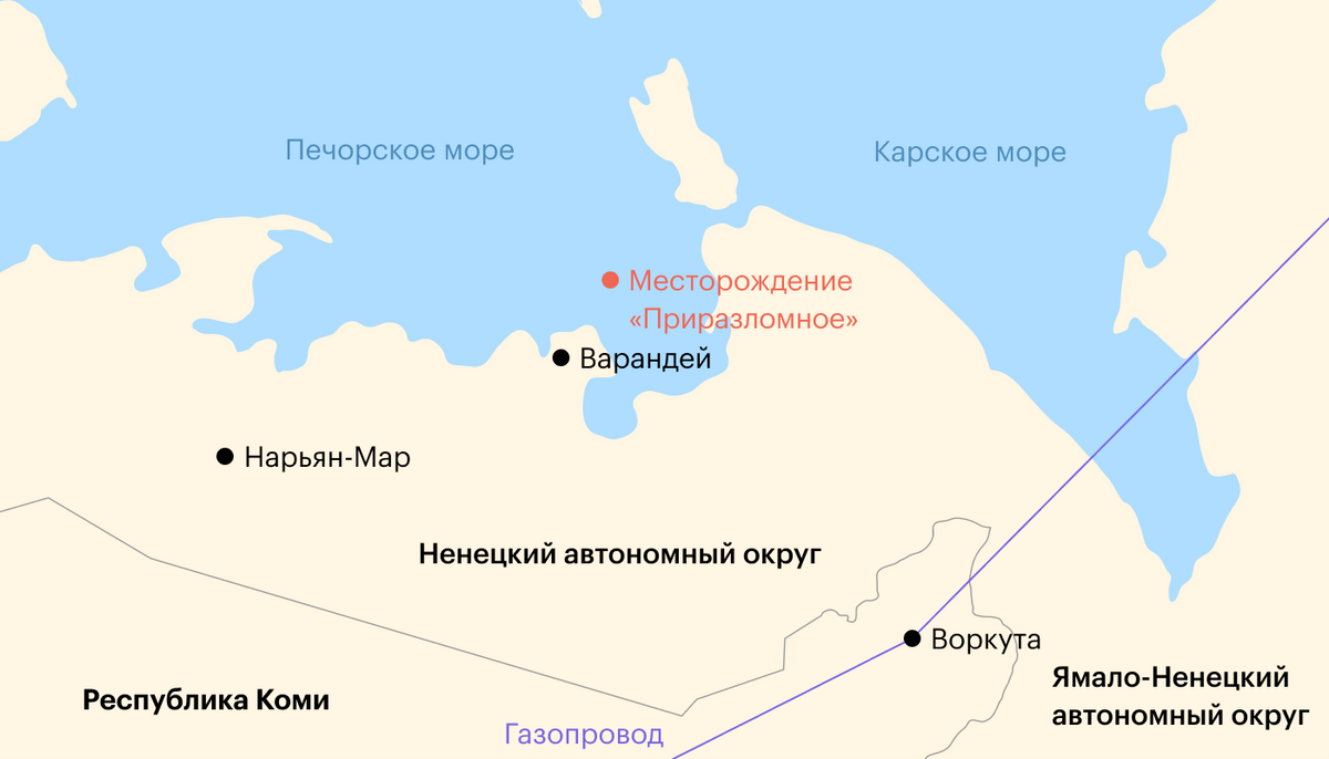 Географическое расположение платформы, которая находится в 60&nbsp;км от берега, на шельфе Карского моря. Источник: «Газпром»