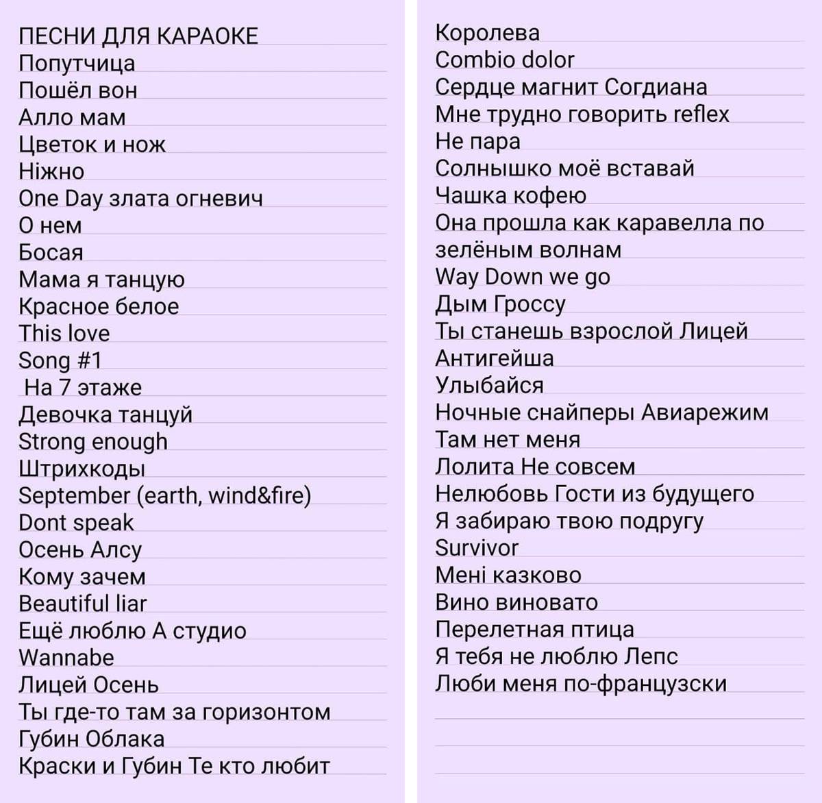 Песни выбираются в зависимости от настроения, количества бокалов вина и, соответственно, уверенности в себе