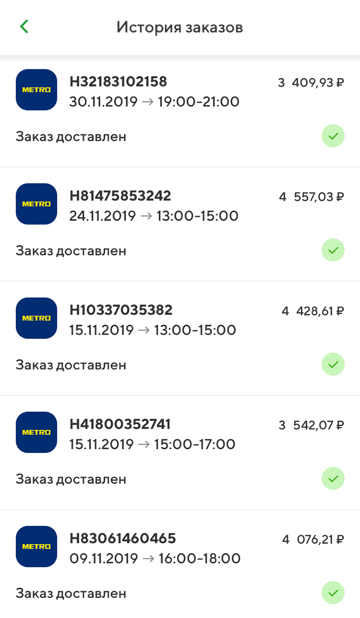 Для&nbsp;примера, вот мои заказы в «Метро» в ноябре 2019&nbsp;года: в неделю на продукты и бытовую химию уходит 3500—4500 <span class=ruble>Р</span>
