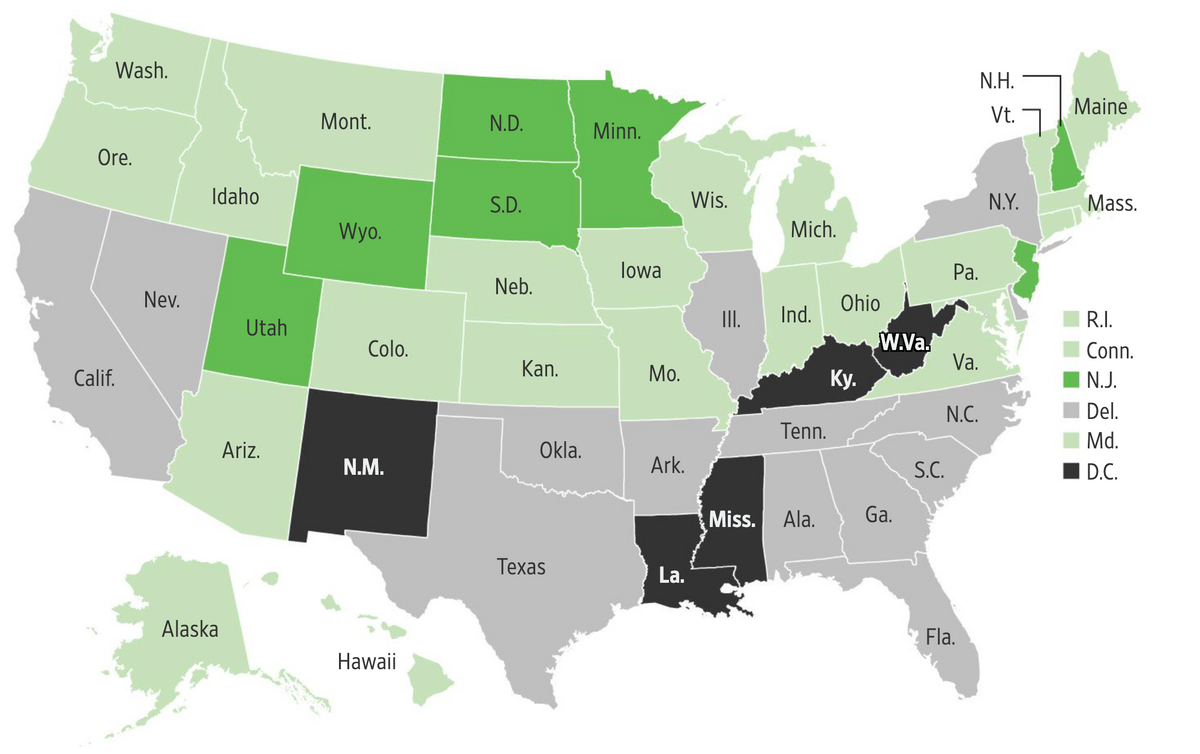 У какого процента студентов в разных штатах США нет надежного подключения к интернету: темно-зеленые штаты — менее 15%, светло-зеленые — 15—19%, серые — 20—24%, черные — 25% и более. Источник: Wall Street Journal