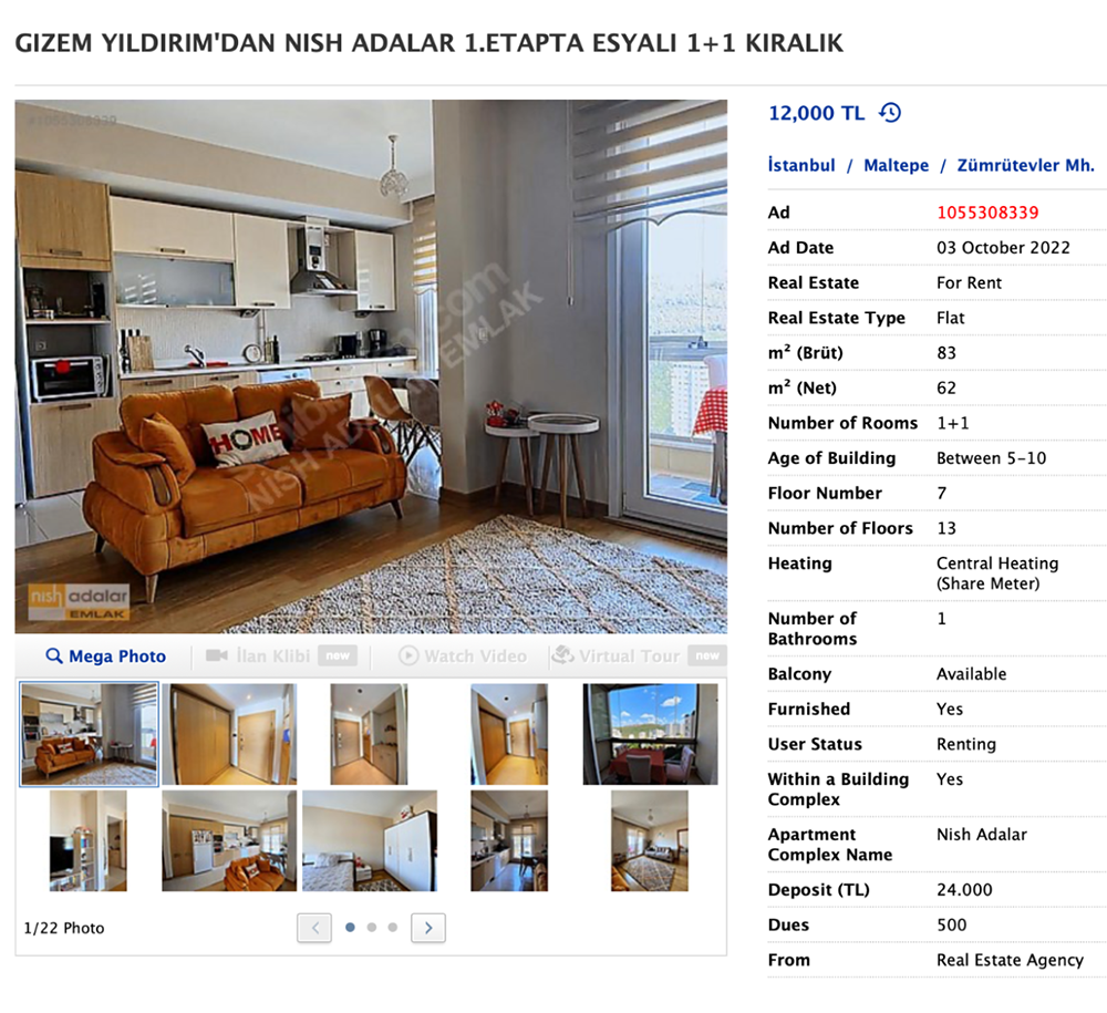 Вот пример квартиры 1+1 в Стамбуле, которую можно снять за 12 000&nbsp;TL. Источник: sahibinden.com