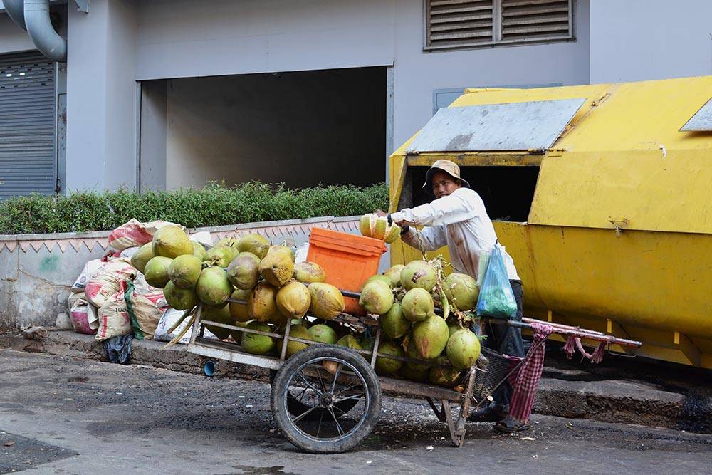 Уличный продавец кокосовой воды в два приема срезает верхушку кокоса и подает освежающий напиток