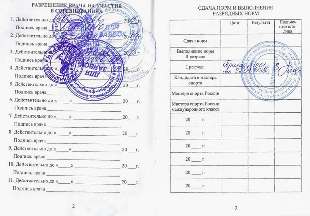 Разрядная книжка спортсмена образец