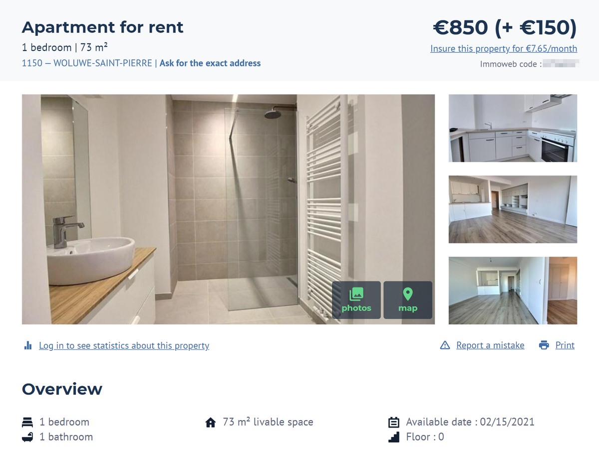 Это квартира в&nbsp;хорошем районе Волюве-Сен-Пьер. Она стоит 850&nbsp;€ в&nbsp;месяц без&nbsp;мебели. Источник: Immoweb
