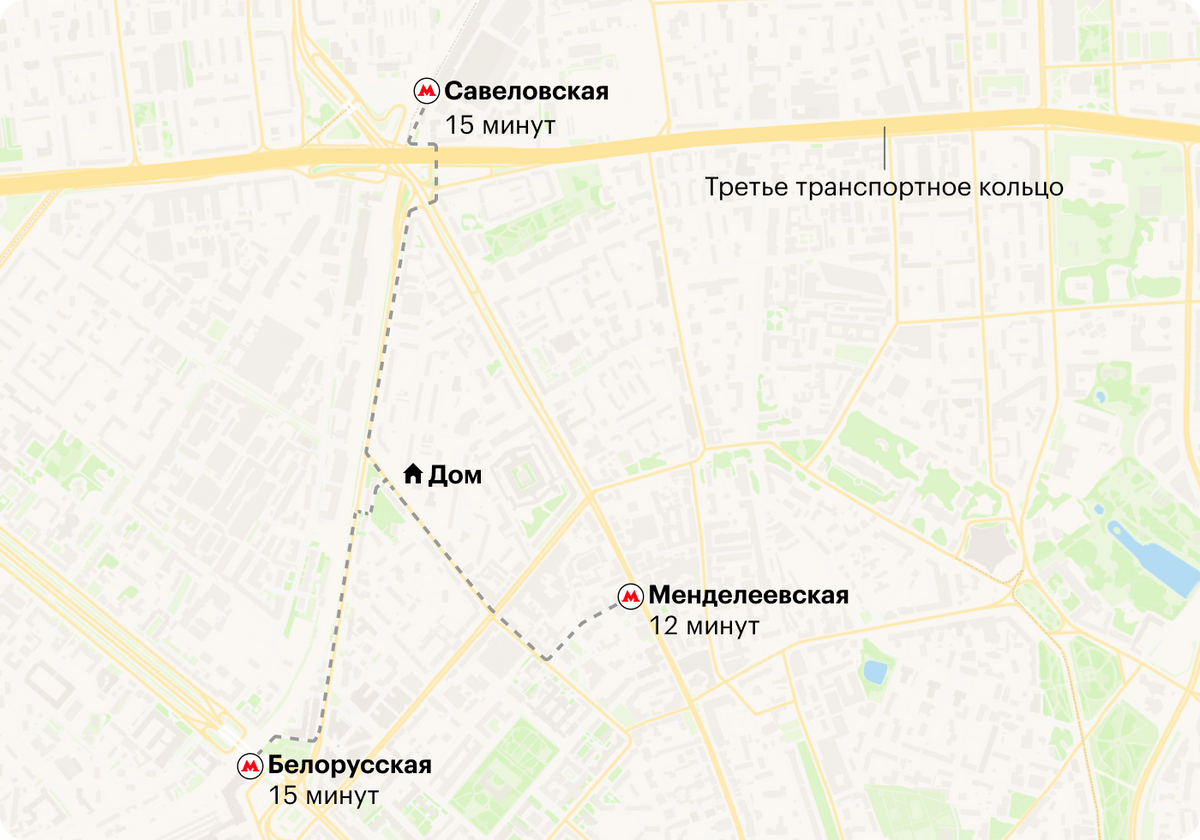 До «Белорусской» и «Менделеевской» от нашего дома примерно одинаковое расстояние. До «Савеловской» тоже недалеко, но неудобно переходить Трешку — Третье транспортное кольцо