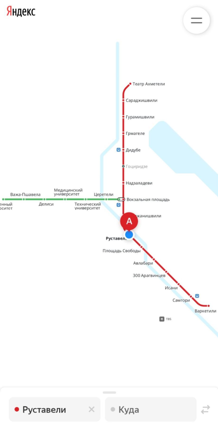 Схема тбилисского метрополитена в приложении «Яндекс-метро»