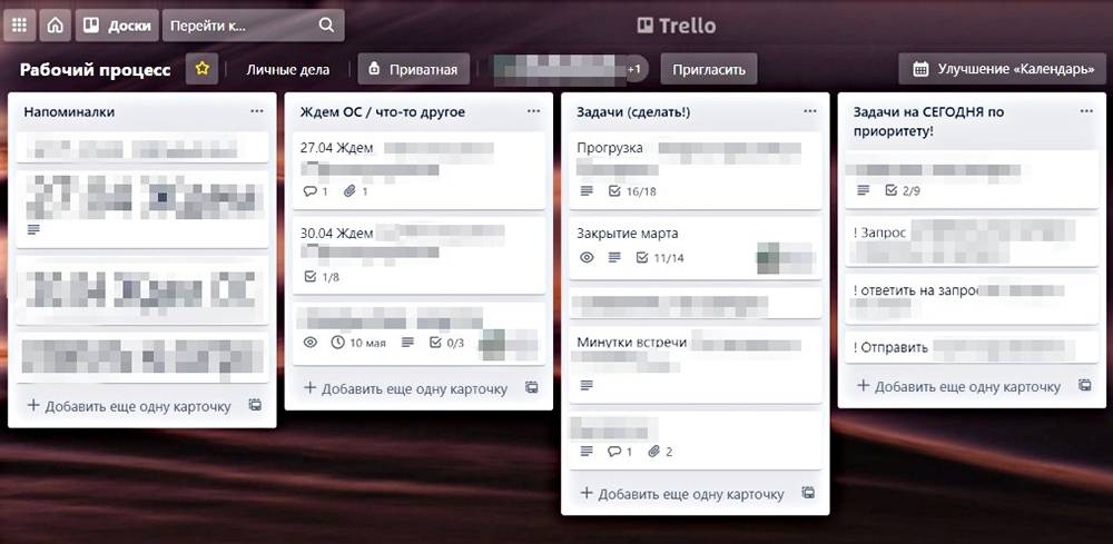 Скрин из «Трелло» с задачами