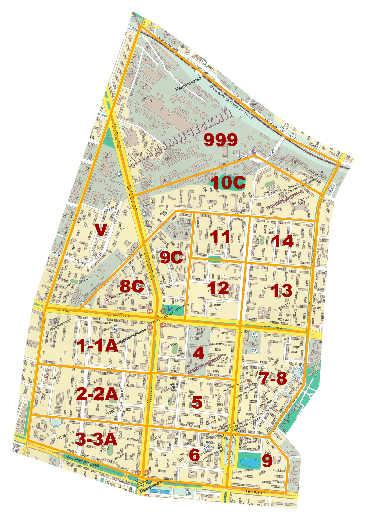 Микрорайоны г москвы. Район Зюзино кварталы на карте. Академический район по кварталам. Академический район по кварталам карта. Карта района Зюзино по кварталам.