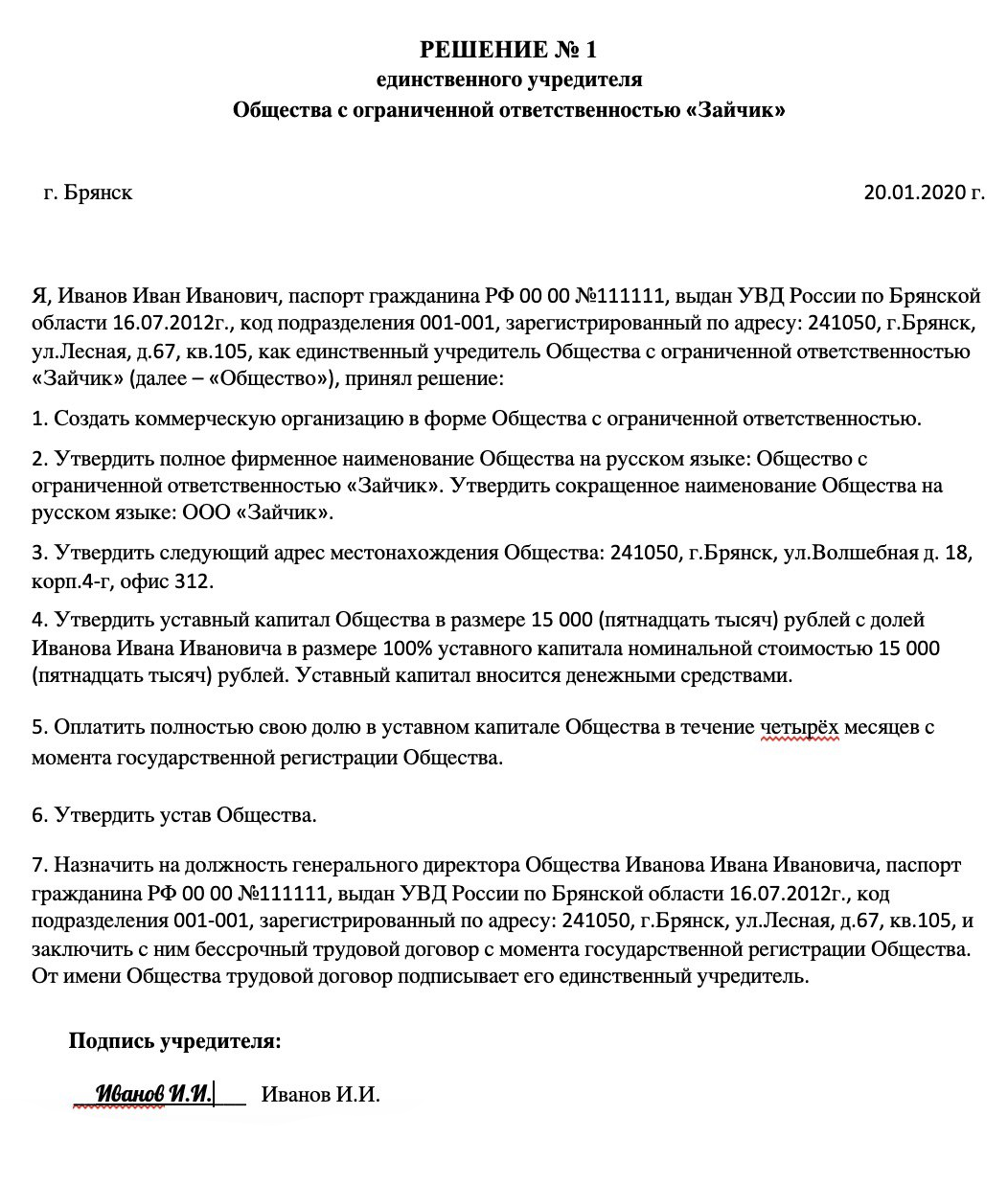 Решение единственного участника ооо о назначении директора образец рб