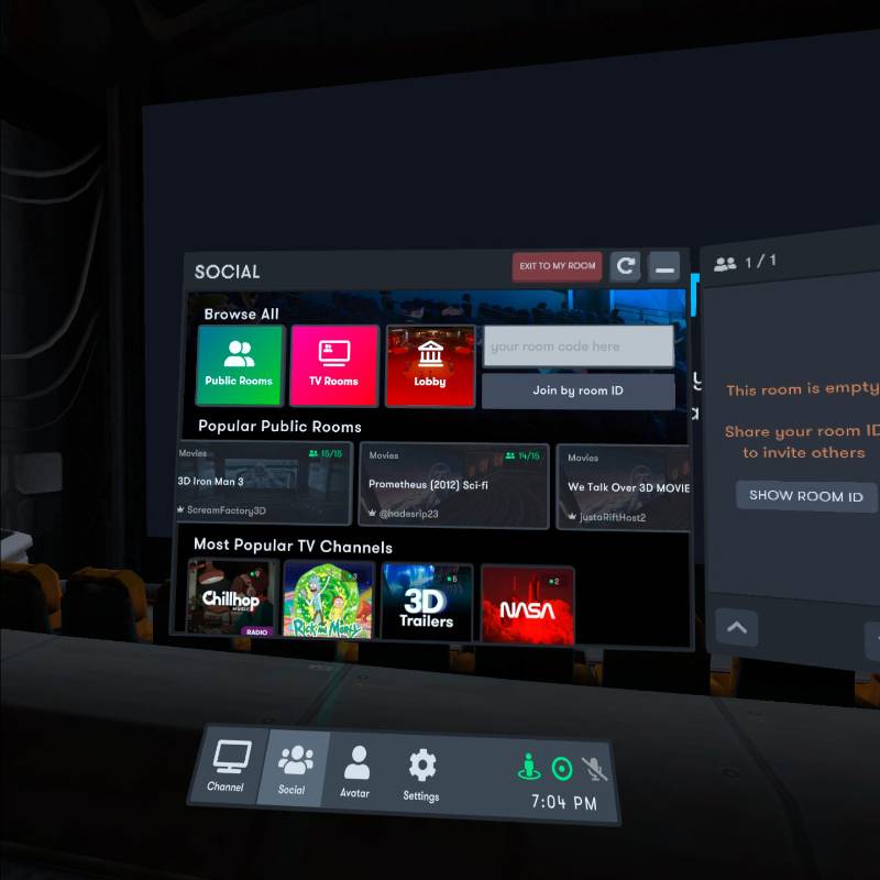 Так выглядит экран выбора комнат в Bigscreen VR. Кроме пользовательских залов предлагают, например, подключиться к общему лобби или&nbsp;трансляциям NASA