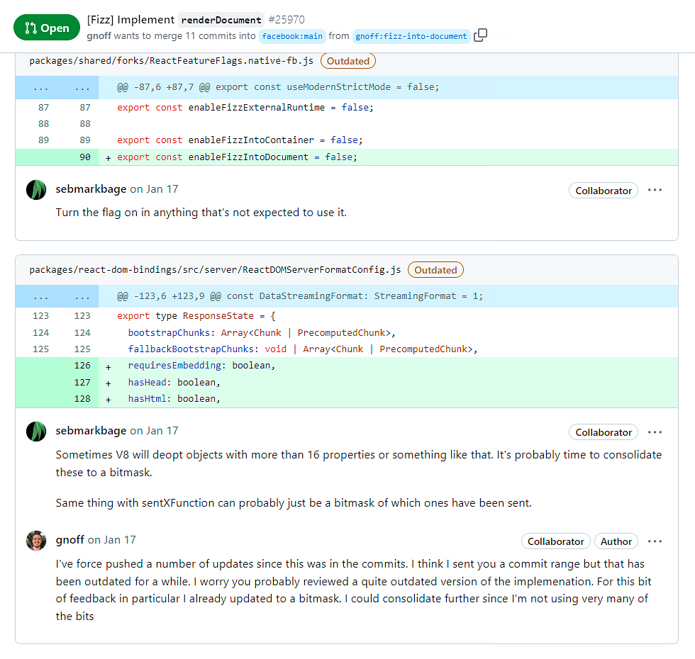 Так в open-source выглядит коммит: один разработчик предлагает изменения, а другой — проверяет&nbsp;их