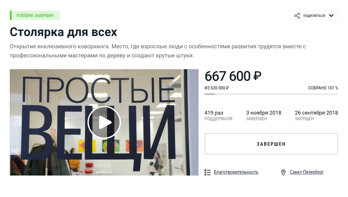 За 40 дней мы собрали нужную сумму на столярную мастерскую