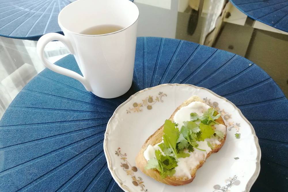 Завтрак: брускетта со сливочным сыром и кинзой, зеленый чай