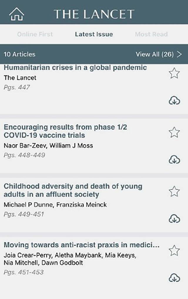 Мобильное приложение журнала Lancet с последними статьями в номере Global Health