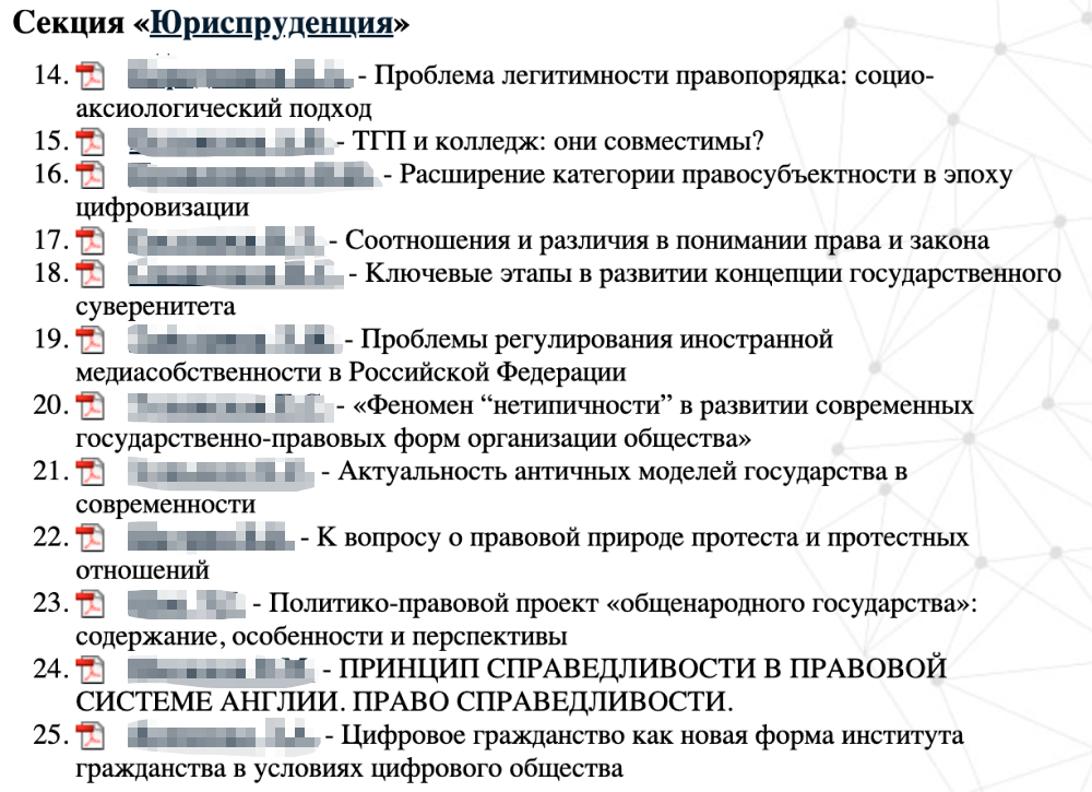 Список докладов теоретико-правовой секции форума «Ломоносов» за 2020 год. Не все докладчики конференции в итоге презентуют свои работы, но даже с учетом этого участников все равно много. Источник: lomonosov-msu.ru