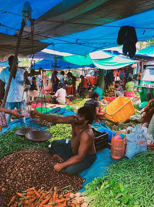 Ланкийцы взвешивают овощи и специи на весах с чашами. Из-за летящих грузиков и криков зазывал на рынке шумно
