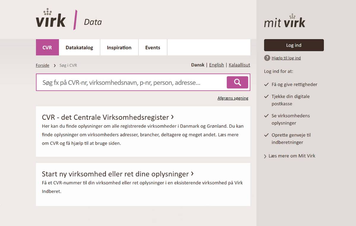 Датский Центральный деловой регистр содержит основные данные по всем компаниям Дании
