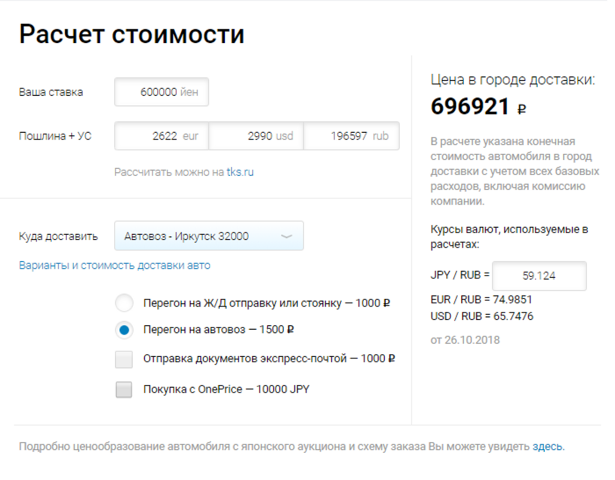 При бюджете в 700&nbsp;тысяч рублей на покупку и доставку Тойоты Аквы в Иркутск моя максимальная ставка — 600&nbsp;тысяч&nbsp;иен