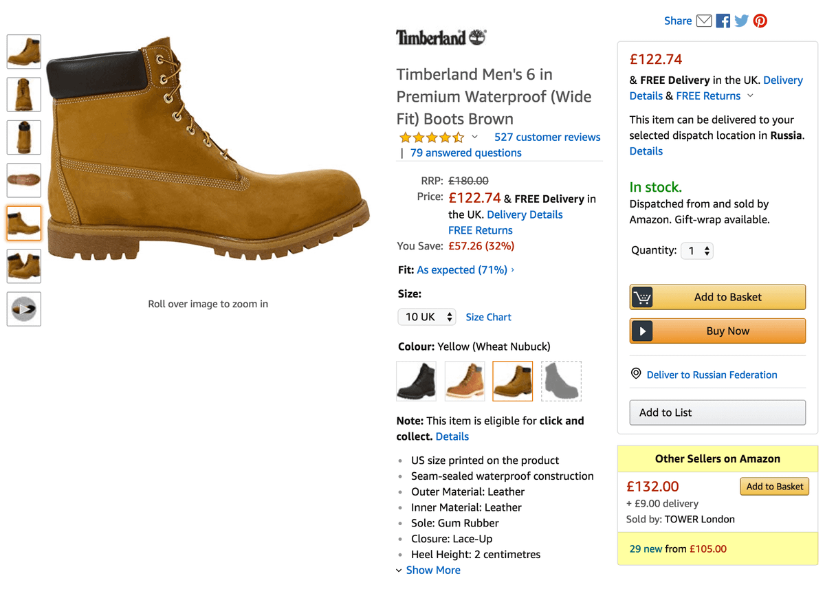 В графе «Other sellers on Amazon» написано, сколько всего компаний продают эти ботинки