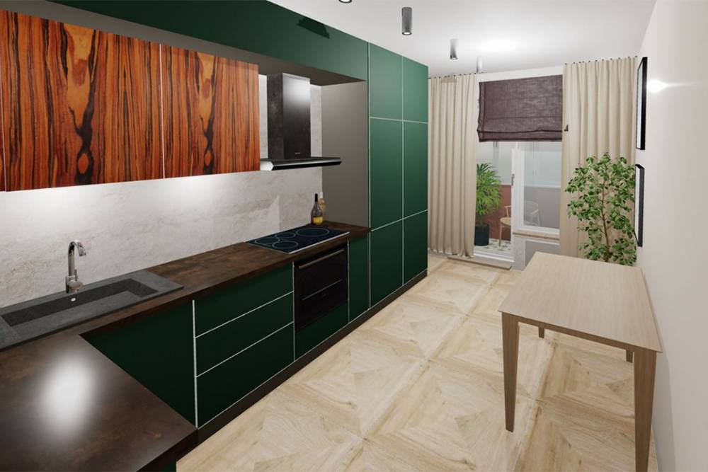 Проект кухни: зеленые фасады — это эмаль, а яркие шкафчики — шпон. На полу — керамогранит