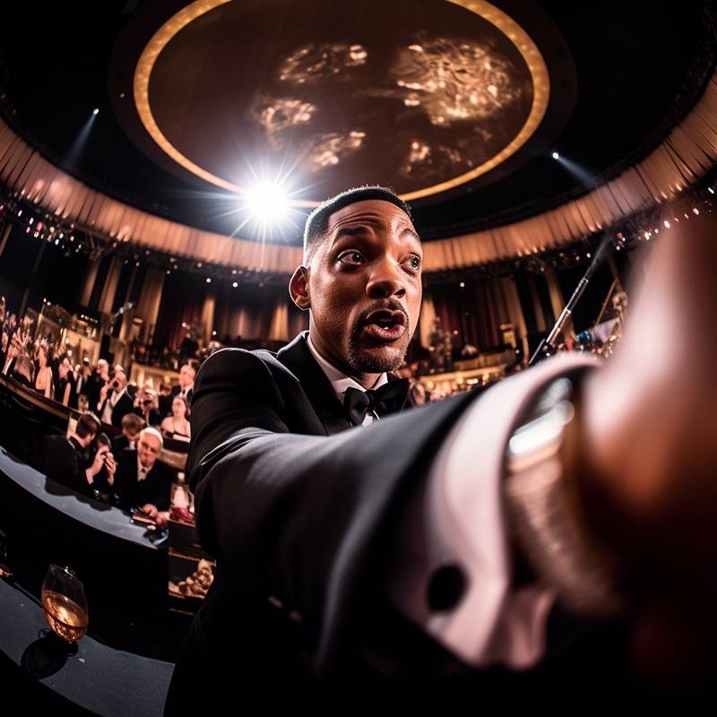 GoPro view of Will Smith wearing a tuxedo slapping the&nbsp;camera forcefully, Oscars award ceremony in the&nbsp;background, fine art cinematic portrait photography, ultra hyper-realism, dramatic lighting, action photograph --v 5 --seed 750 --q 2 --v 5