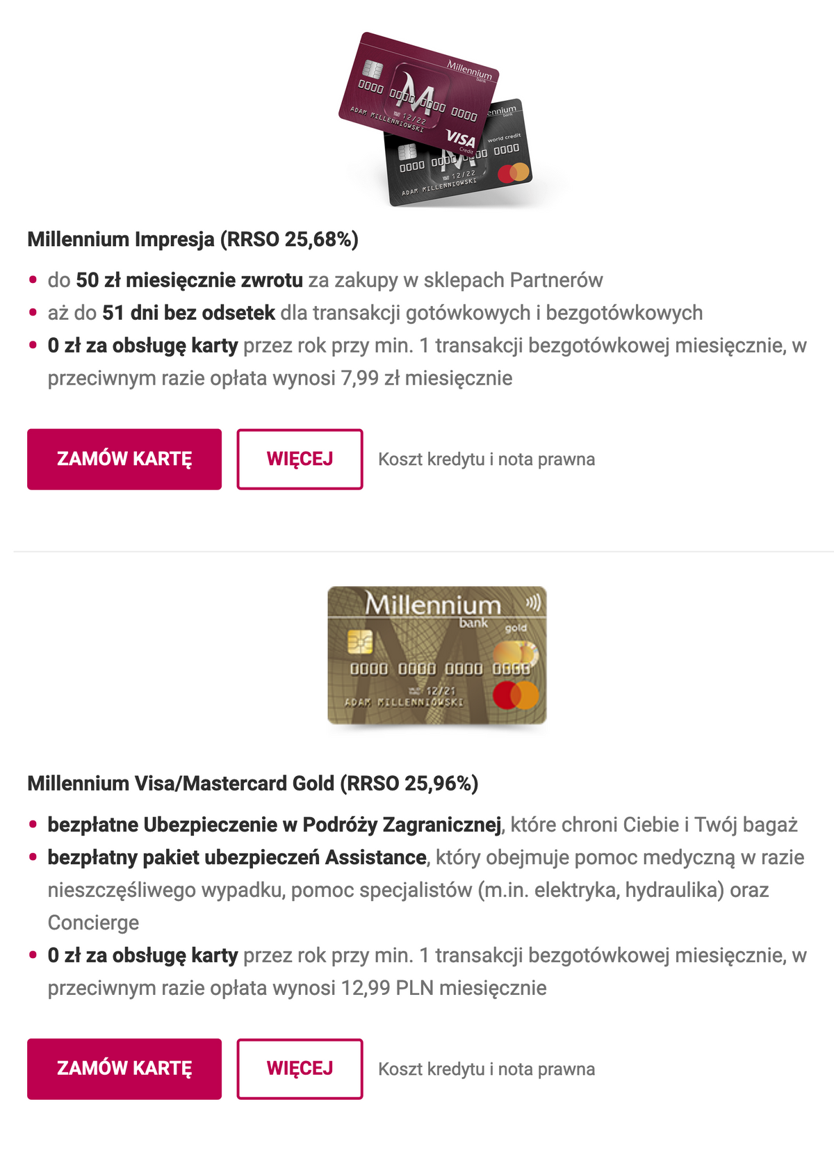 Виды кредитных карт в банке «Миллениум». Источник: bankmillennium.pl