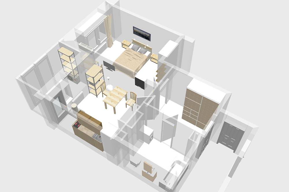 Пример планировки однокомнатной квартиры. Нарисовано самостоятельно в бесплатной Sweet Home 3D